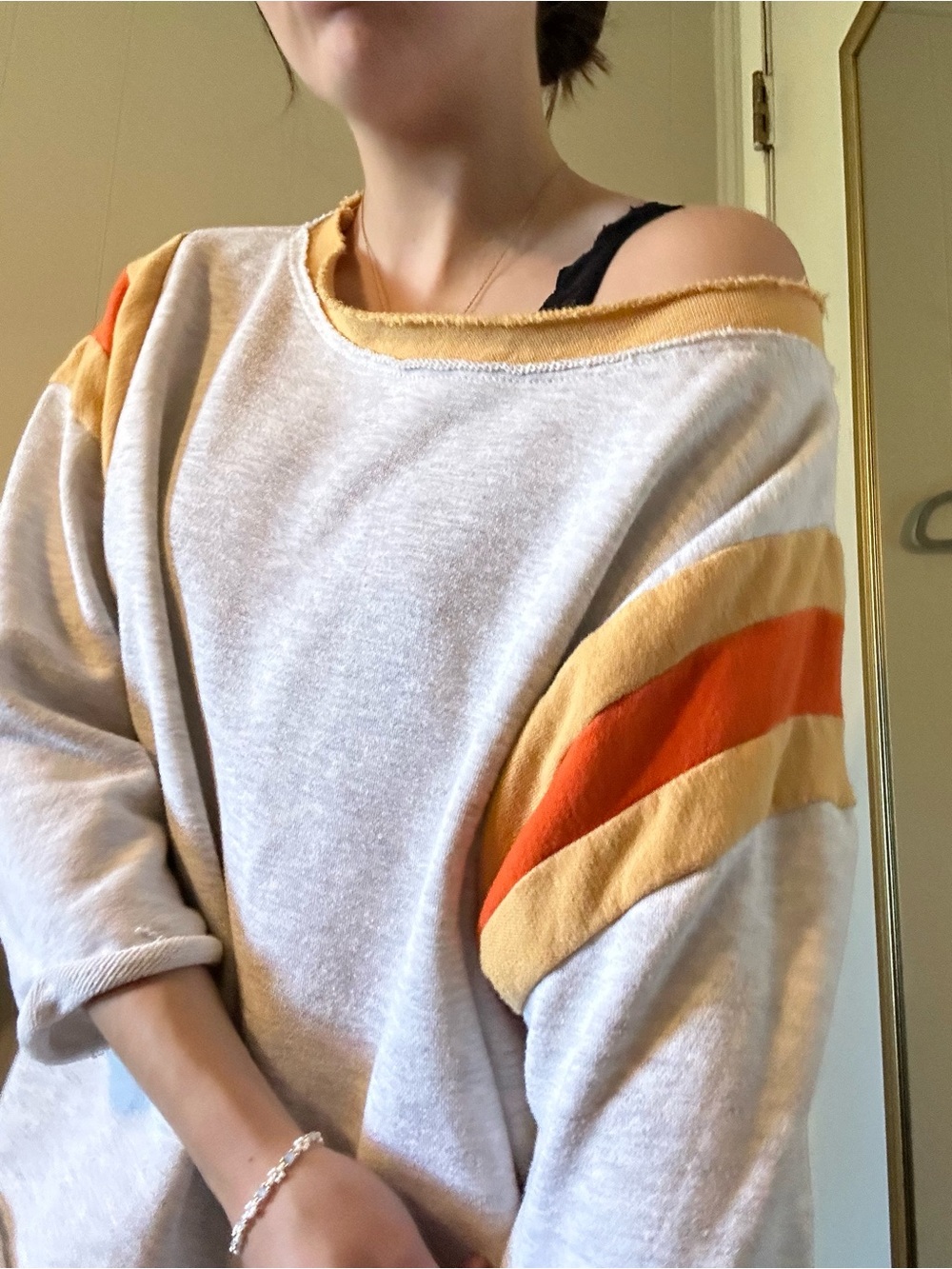 Relaxed Grey Women’s Sweater with Orange & Yellow Stripe